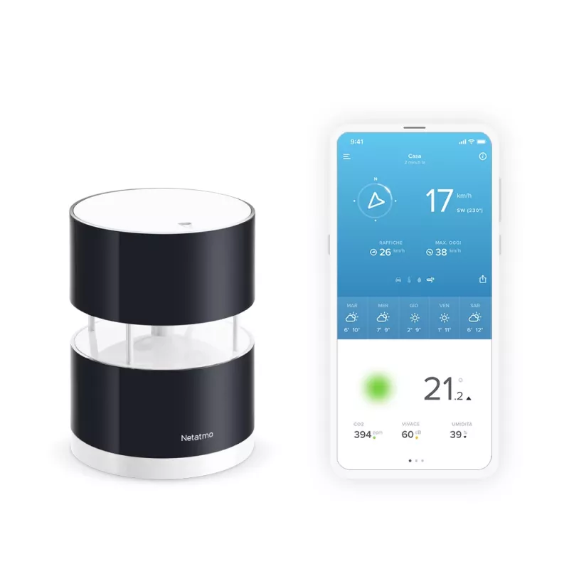 Netatmo NWA01-WW anemómetro inteligente para estación meteorológica, velocidad y dirección del viento, inalámbrico, Wi-Fi, 0–45 m/s, alcance de 100 m, 4x AA, negro, transparente