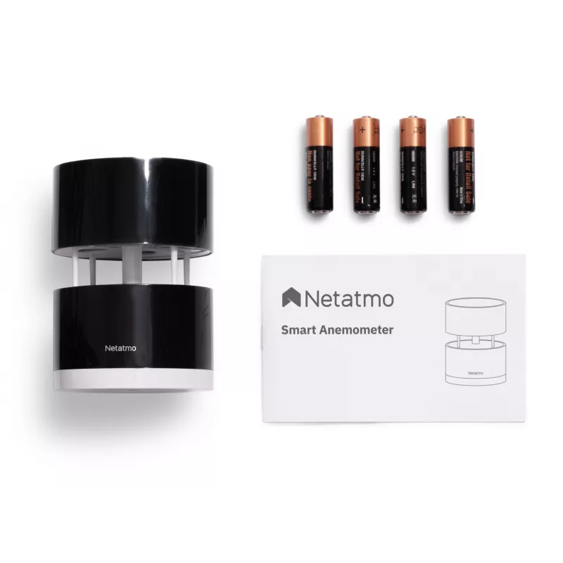 Netatmo NWA01-WW anemómetro inteligente para estación meteorológica, velocidad y dirección del viento, inalámbrico, Wi-Fi, 0–45 m/s, alcance de 100 m, 4x AA, negro, transparente