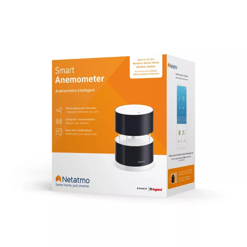 Netatmo NWA01-WW anemómetro inteligente para estación meteorológica, velocidad y dirección del viento, inalámbrico, Wi-Fi, 0–45 m/s, alcance de 100 m, 4x AA, negro, transparente