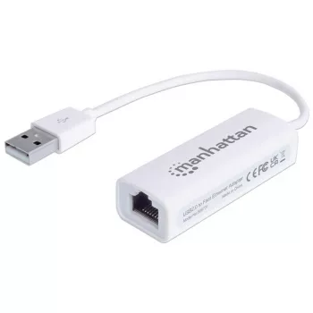 Manhattan Adaptador USB-A Fast Ethernet, red 10/100 Mbit/s, 480 Mbit/s (USB 2.0), Hi-Speed USB, RJ45, blanco, tres años de garantía