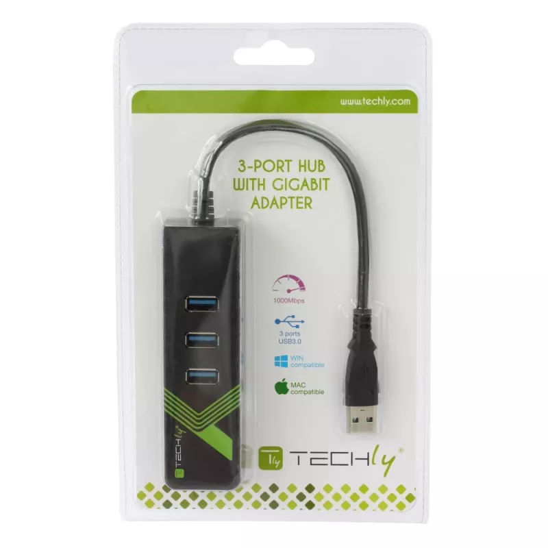 Techly IDATA-USB-ETGIGA-3U2 (105803) adaptador de USB 3.0 a Gigabit Ethernet con hub USB 3.0 de 3 puertos, USB-A, RJ45, aluminio