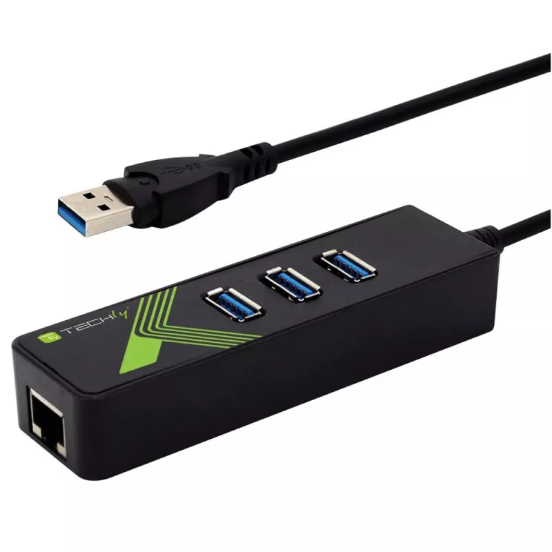 Techly IDATA-USB-ETGIGA-3U2 (105803) adaptador de USB 3.0 a Gigabit Ethernet con hub USB 3.0 de 3 puertos, USB-A, RJ45, aluminio