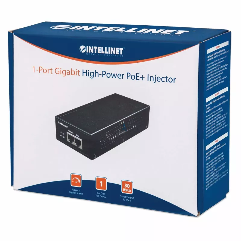 Intellinet Inyector Gigabit High-Power PoE+, 1 x 30 W, IEEE 802.3at/af Power over Ethernet (PoE+/PoE)