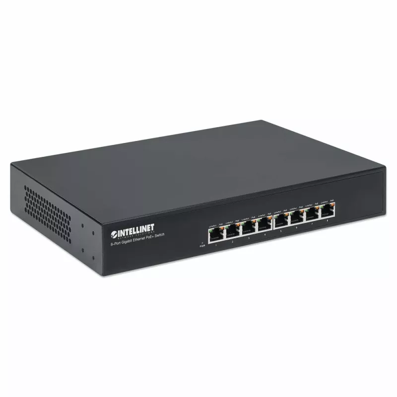 Intellinet Switch Gigabit Ethernet PoE+ de 8 puertos, 8 x puertos PoE, IEEE 802.3at/af Power-over-Ethernet (PoE+/PoE), Endspan, sobremesa, caja
