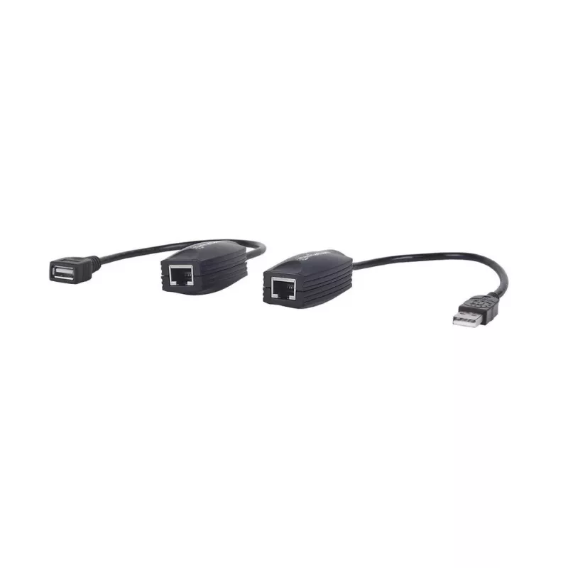 Manhattan Extensor de línea USB-A, para uso con cable de red RJ45 (no incluido), extiende dispositivos USB hasta 60 m, alimentación por bus, compatible con cable de red Cat5e/Cat6/Cat6A RJ45, negro, tres años de garantía