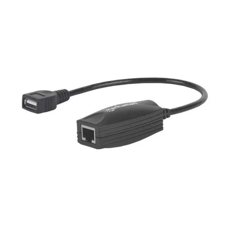 Manhattan Extensor de línea USB-A, para uso con cable de red RJ45 (no incluido), extiende dispositivos USB hasta 60 m, alimentación por bus, compatible con cable de red Cat5e/Cat6/Cat6A RJ45, negro, tres años de garantía