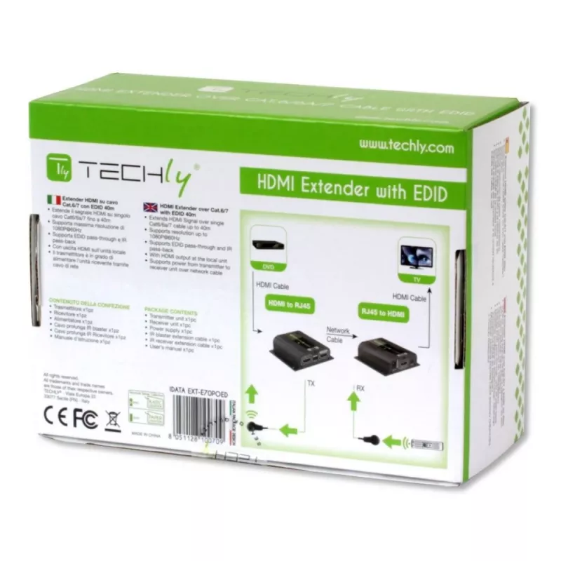 Techly IDATA EXT-E70POED Extensor AV transmisor y receptor AV Negro