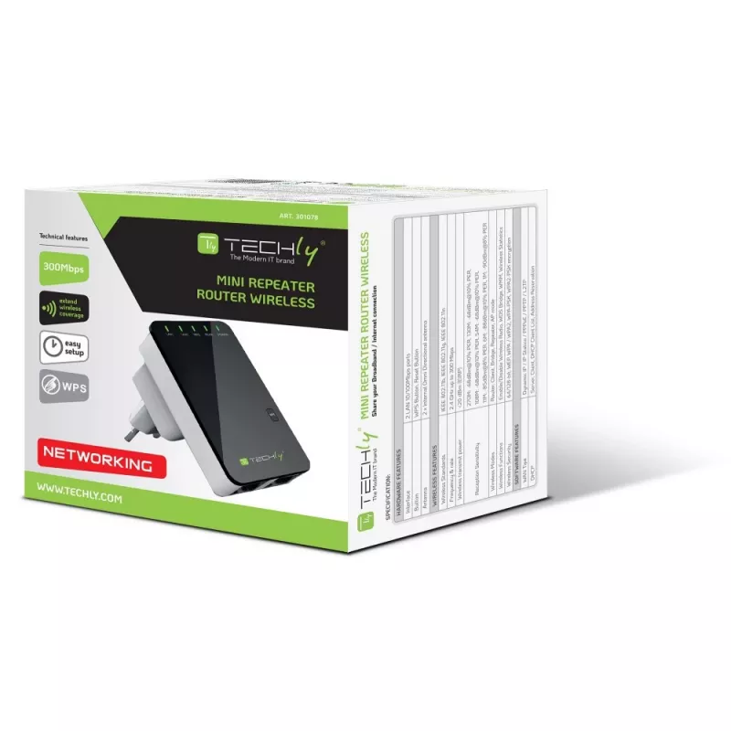 Techly I-WL-REPEATER2 (301078) minirrouter inalámbrico / repetidor 300N de enchufe, Wi-Fi 4 (802.11n), 2,4 GHz, 300 Mbps