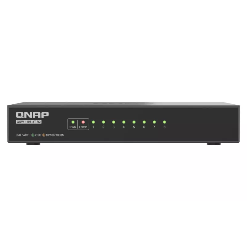QNAP QSW-1108-8T-R2 conmutador de red no administrable, 8x 2,5GbE RJ45 (10/100/1000/2500 Mbps), de sobremesa, sin ventilador, negro y gris