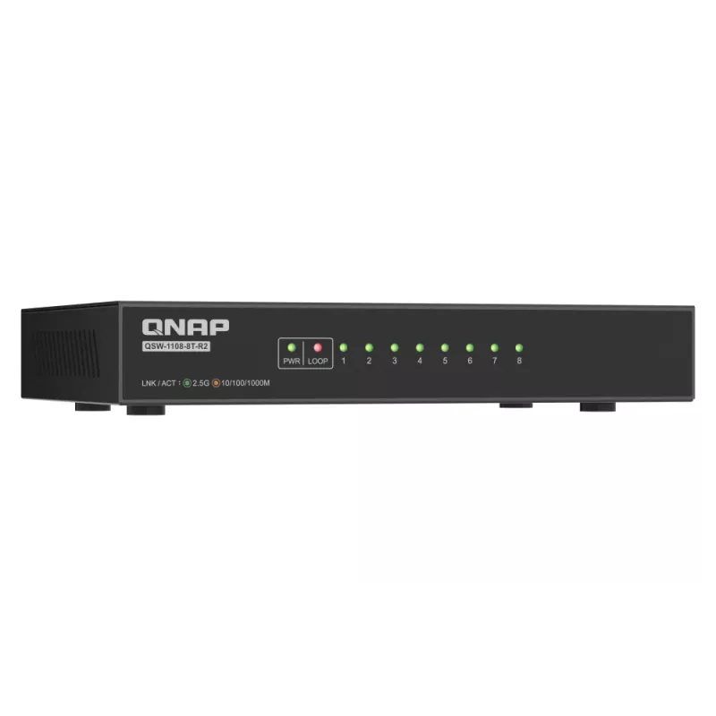 QNAP QSW-1108-8T-R2 conmutador de red no administrable, 8x 2,5GbE RJ45 (10/100/1000/2500 Mbps), de sobremesa, sin ventilador, negro y gris