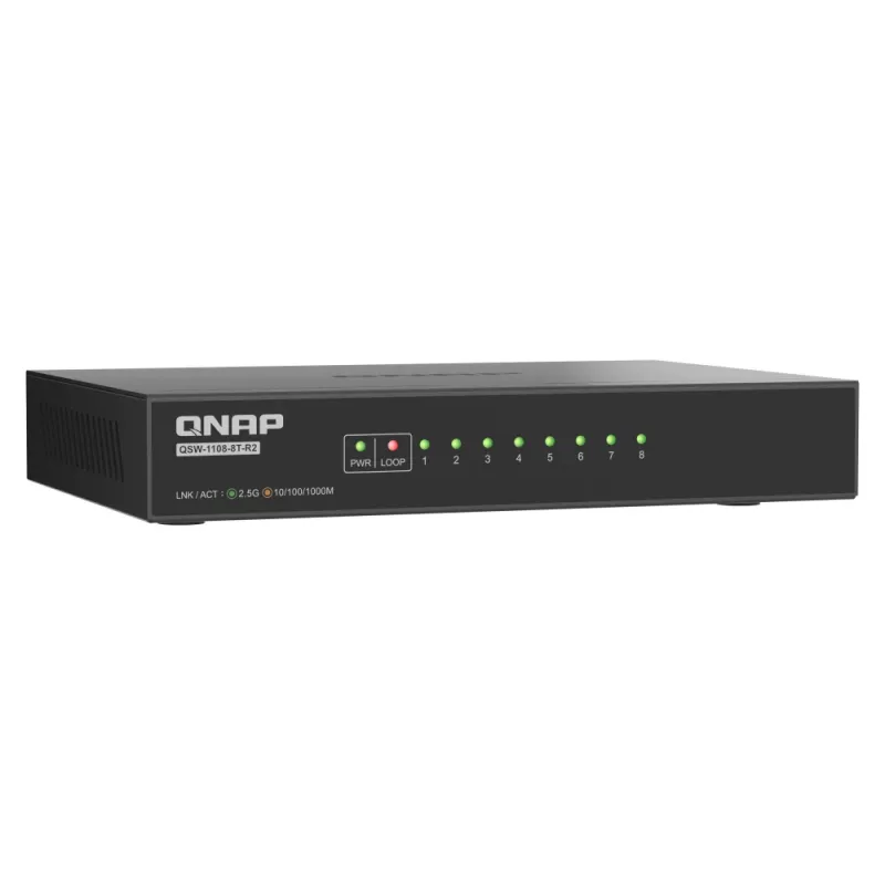 QNAP QSW-1108-8T-R2 conmutador de red no administrable, 8x 2,5GbE RJ45 (10/100/1000/2500 Mbps), de sobremesa, sin ventilador, negro y gris