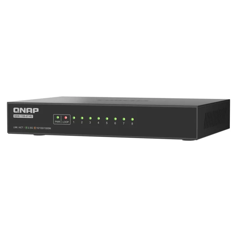 QNAP QSW-1108-8T-R2 conmutador de red no administrable, 8x 2,5GbE RJ45 (10/100/1000/2500 Mbps), de sobremesa, sin ventilador, negro y gris