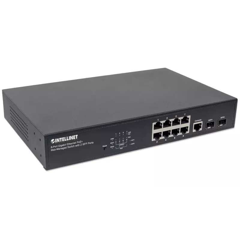 Switch gestionado Intellinet 8 puertos Gigabit Ethernet PoE+ con 2 puertos SFP
