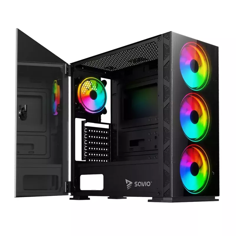 Caja de PC SAVIO Prime X1 ARGB Cristal Midi Tower Negro – cristal templado, ventilador ARGB, compatibilidad micro ATX/ATX