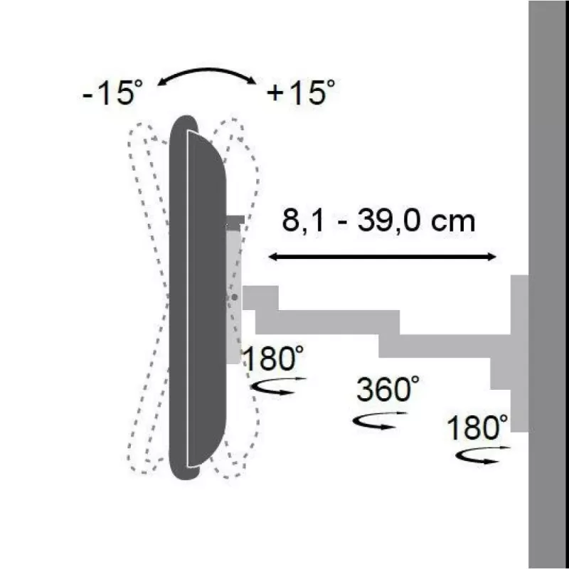 Techly ICA-LCD 104 soporte de pared para LCD 13–30 pulgadas, 3 articulaciones, inclinable y giratorio, hasta 15 kg, VESA 75x75/100x100, plata