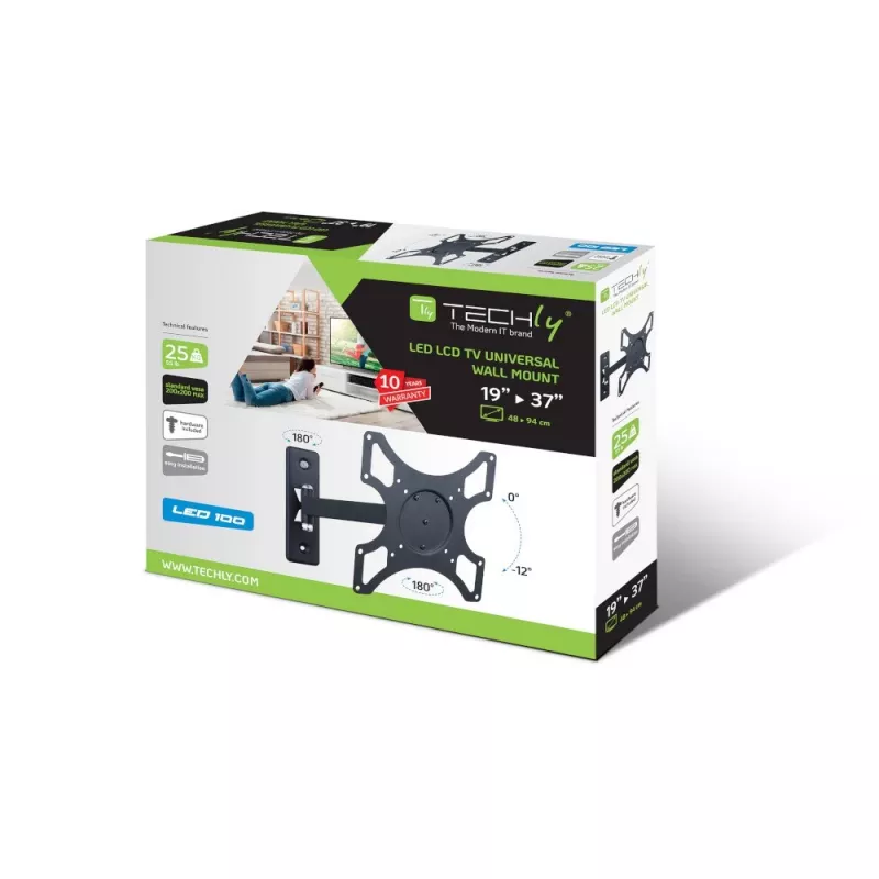 Techly ICA-LCD 2901 soporte de pared para TV LCD 13–37 pulgadas, inclinable y giratorio, hasta 25 kg, VESA 75x75–200x200, negro