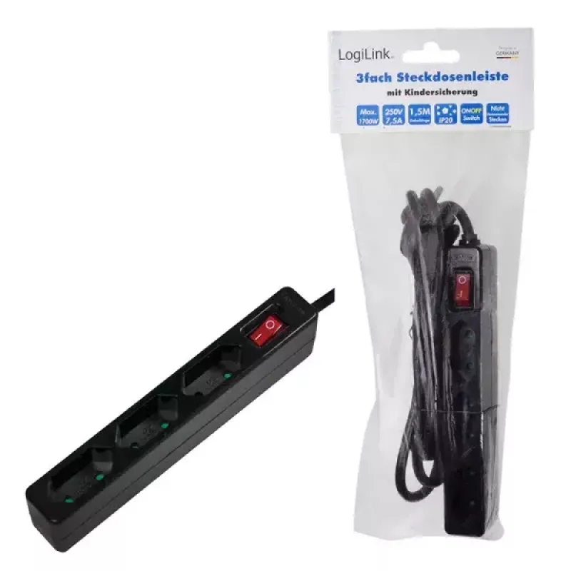 Alargador de corriente LogiLink LPS230B 1,5 m 3 tomas schuko negro