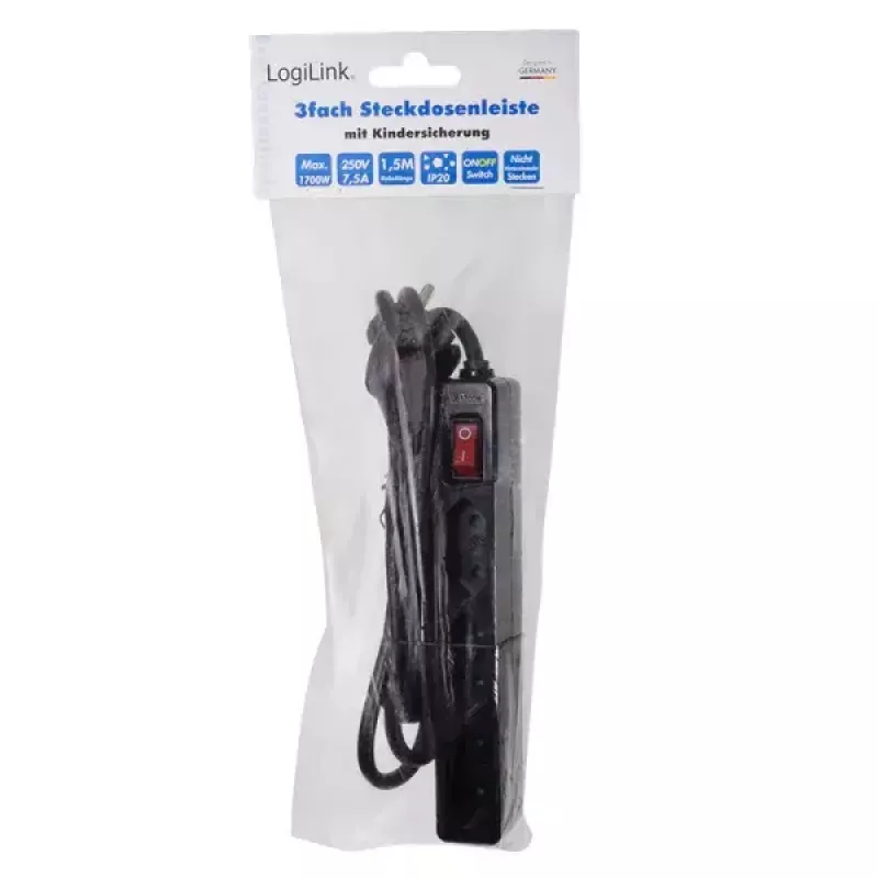 Alargador de corriente LogiLink LPS230B 1,5 m 3 tomas schuko negro