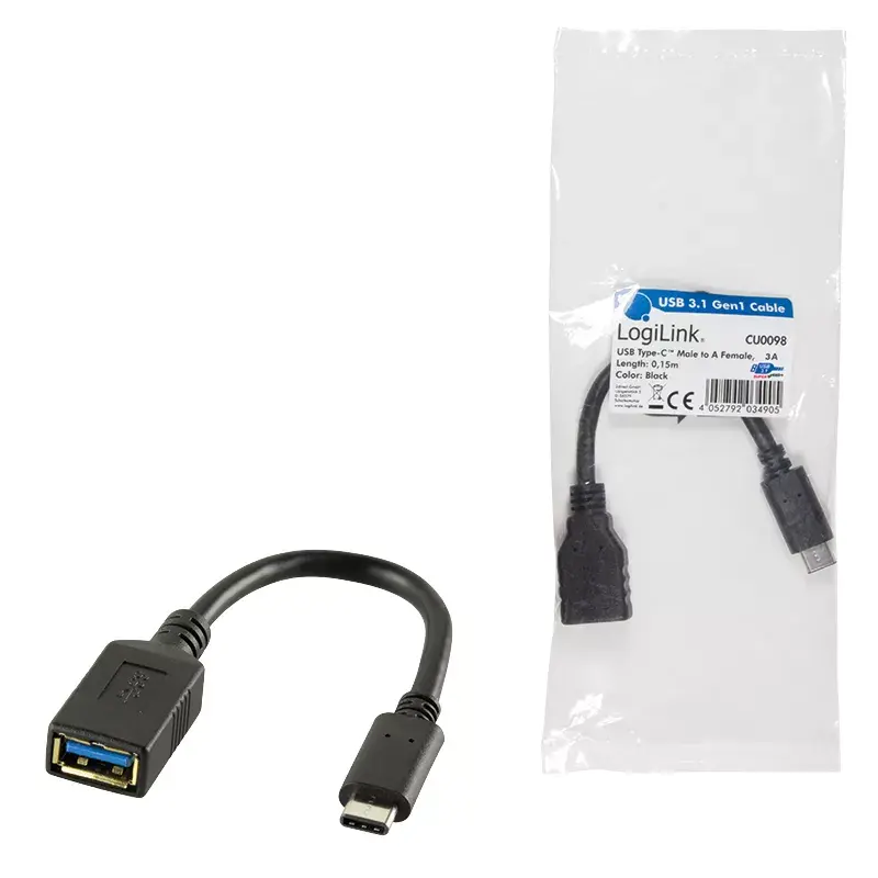 Cable USB LogiLink USB C - USB A 0,15m CU0098 negro