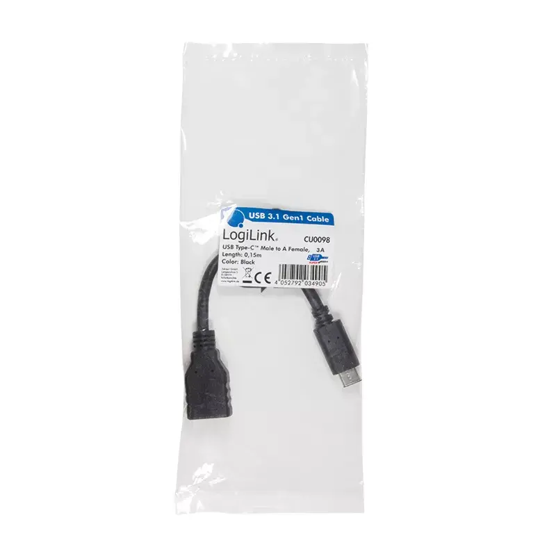 Cable USB LogiLink USB C - USB A 0,15m CU0098 negro