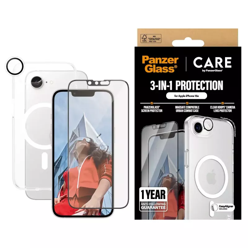 PanzerGlass CARE by ® Flagship Pack 3 en 1 iPhone 16e resistente a arañazos y golpes