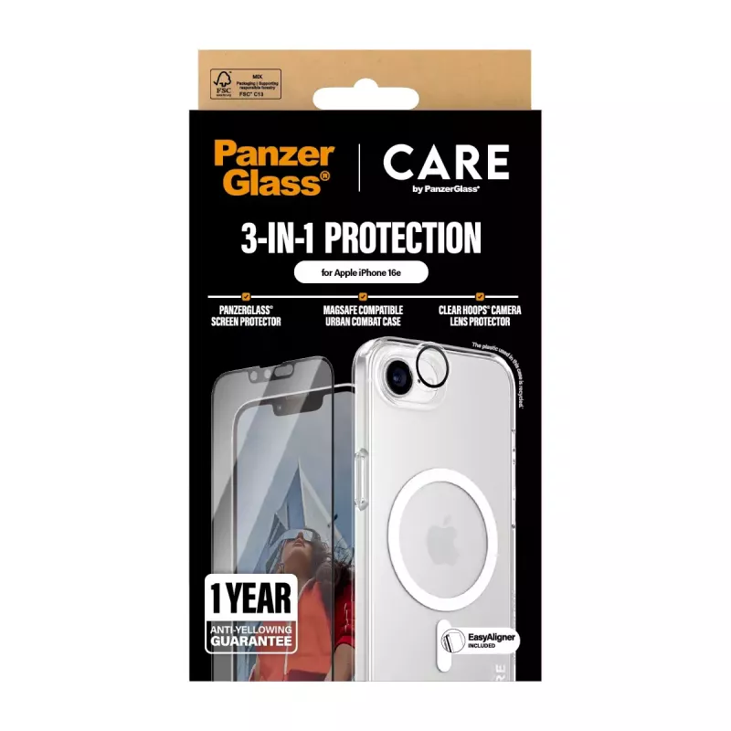 PanzerGlass CARE by ® Flagship Pack 3 en 1 iPhone 16e resistente a arañazos y golpes