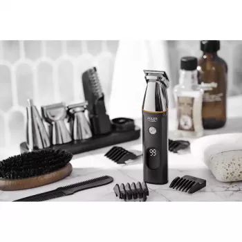Set de cuidado eléctrico Adler AD 2946 – recortador 5 en 1 inalámbrico para hombre, 4 niveles de longitud, 60 min. de autonomía, Negro/Acero inoxidable