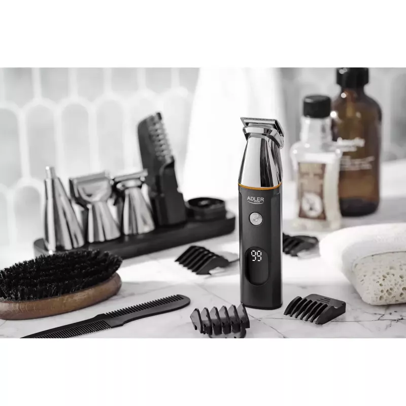 Set de cuidado eléctrico Adler AD 2946 – recortador 5 en 1 inalámbrico para hombre, 4 niveles de longitud, 60 min. de autonomía, Negro/Acero inoxidable