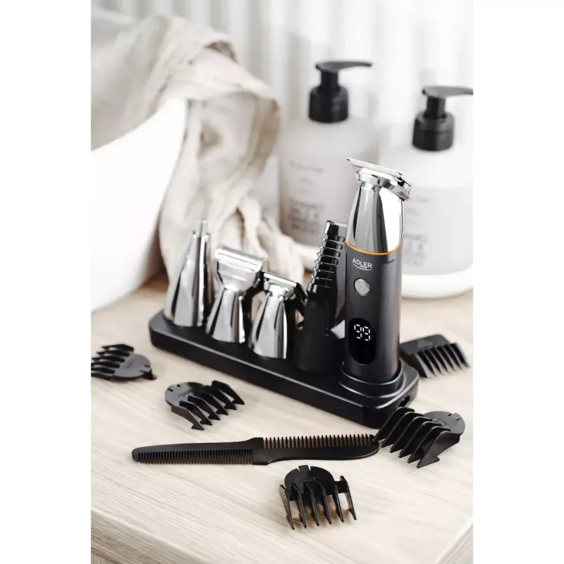 Set de cuidado eléctrico Adler AD 2946 – recortador 5 en 1 inalámbrico para hombre, 4 niveles de longitud, 60 min. de autonomía, Negro/Acero inoxidable
