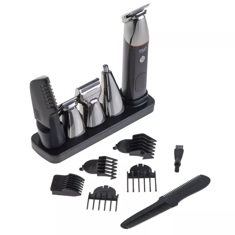 Set de cuidado eléctrico Adler AD 2946 – recortador 5 en 1 inalámbrico para hombre, 4 niveles de longitud, 60 min. de autonomía, Negro/Acero inoxidable