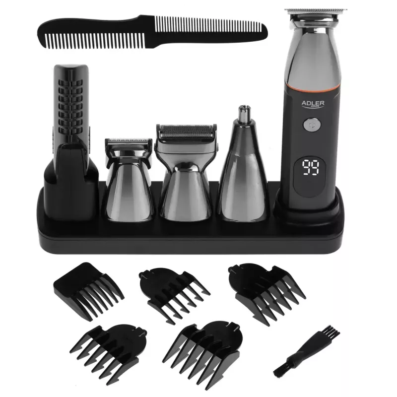 Set de cuidado eléctrico Adler AD 2946 – recortador 5 en 1 inalámbrico para hombre, 4 niveles de longitud, 60 min. de autonomía, Negro/Acero inoxidable