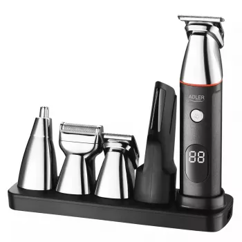 Set de cuidado eléctrico Adler AD 2946 – recortador 5 en 1 inalámbrico para hombre, 4 niveles de longitud, 60 min. de autonomía, Negro/Acero inoxidable