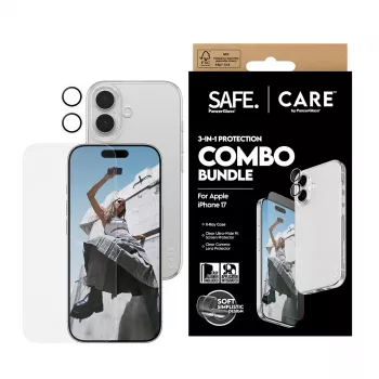 Pack combo 3 en 1 PanzerGlass para iPhone 17 – protección de pantalla, protección de lente de cámara y funda
