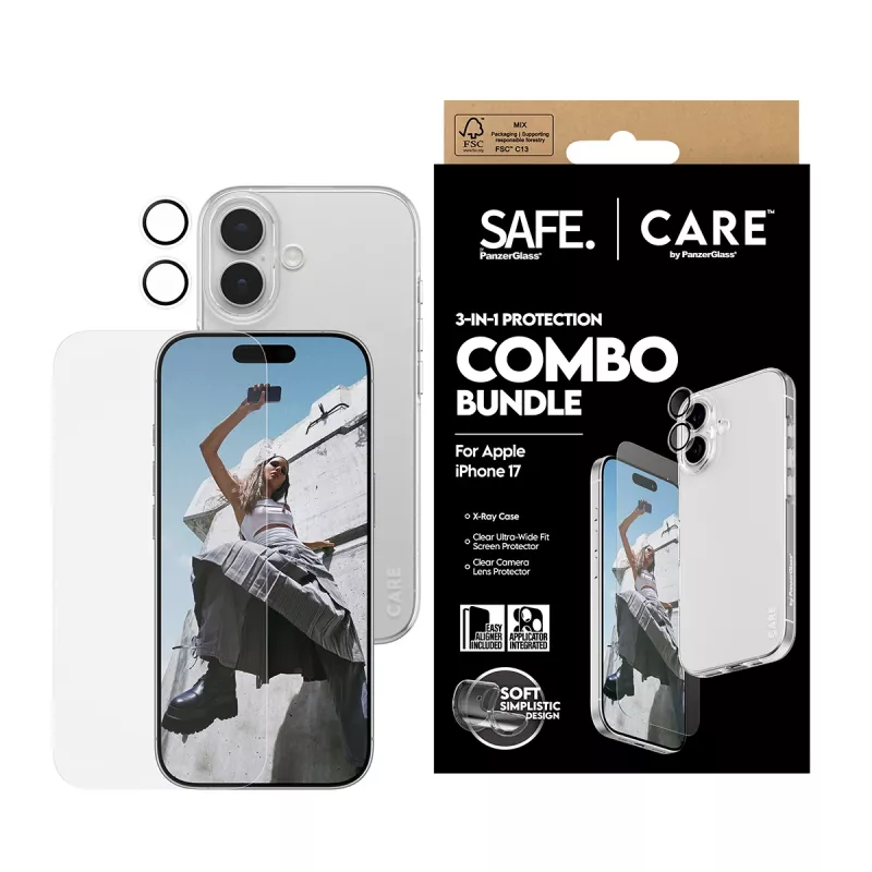 Pack combo 3 en 1 PanzerGlass para iPhone 17 – protección de pantalla, protección de lente de cámara y funda