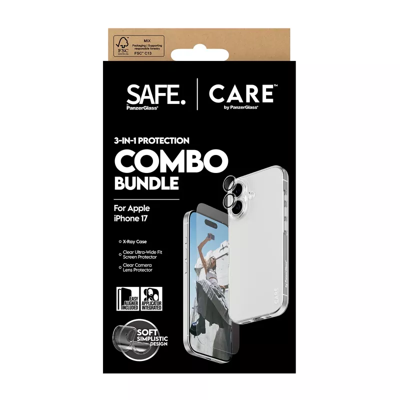 Pack combo 3 en 1 PanzerGlass para iPhone 17 – protección de pantalla, protección de lente de cámara y funda