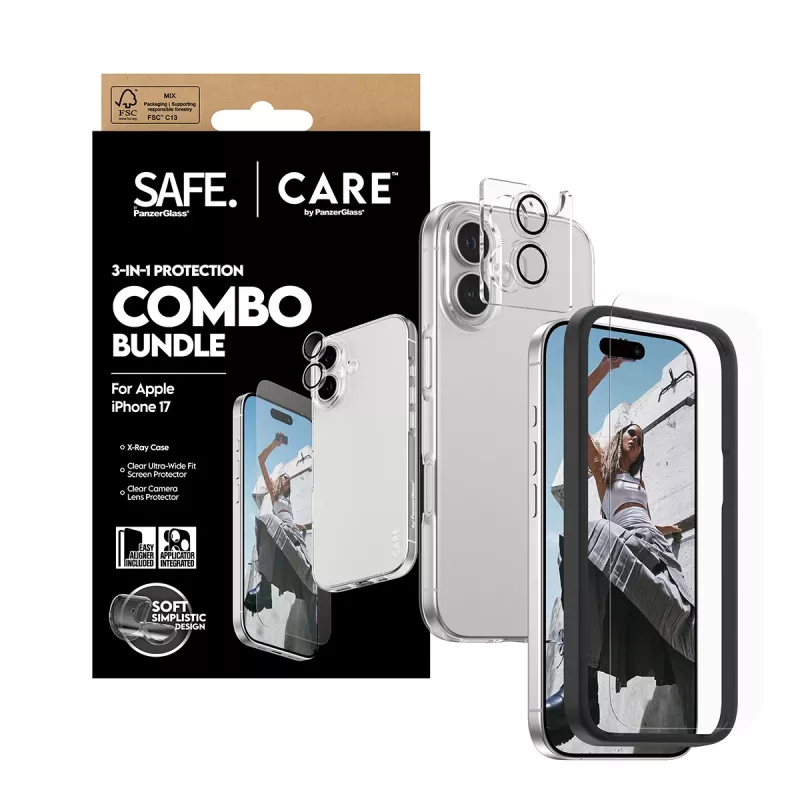 Pack combo 3 en 1 PanzerGlass para iPhone 17 – protección de pantalla, protección de lente de cámara y funda