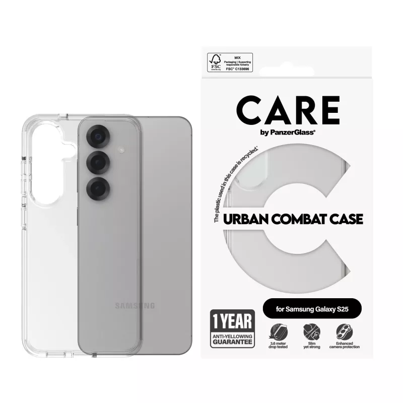 PanzerGlass funda Samsung Galaxy S25, transparente, Urban Combat con marco transparente