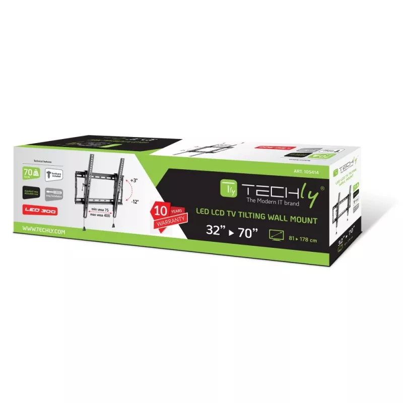 Techly ICA-PLB 59T soporte de pared para TV 32-70 pulgadas (81-178 cm), inclinable, 70 kg, delgado 49 mm, negro