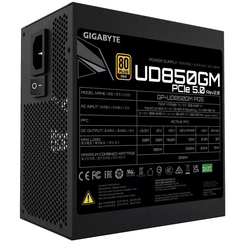 Fuente de alimentación GIGABYTE UD850GM PG5 V2 - PCIe Gen 5.1, 80 PLUS Gold, totalmente modular, ventilador de 120mm, compatible ATX 3.1, enchufe EU