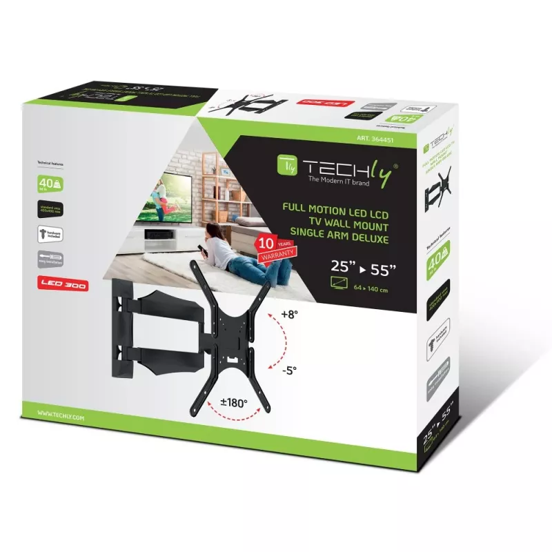 Techly ICA-PLB 271M soporte de pared para TV 25-52 pulgadas, giratorio e inclinable, delgado, 40 kg, negro