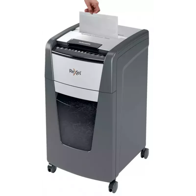 Destructora de papel Rexel Optimum Auto+ 300M Microcorte 55 dB 23 cm Negro, Gris