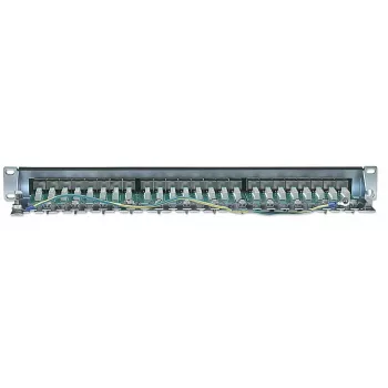 Panel de parcheo Intellinet, Cat6, FTP, 24 puertos, 1U, apantallado, regletas LSA 90° Top-Entry, negro