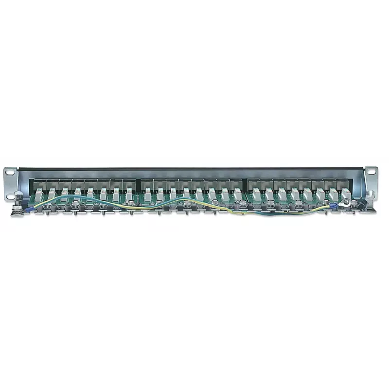 Panel de parcheo Intellinet, Cat6, FTP, 24 puertos, 1U, apantallado, regletas LSA 90° Top-Entry, negro