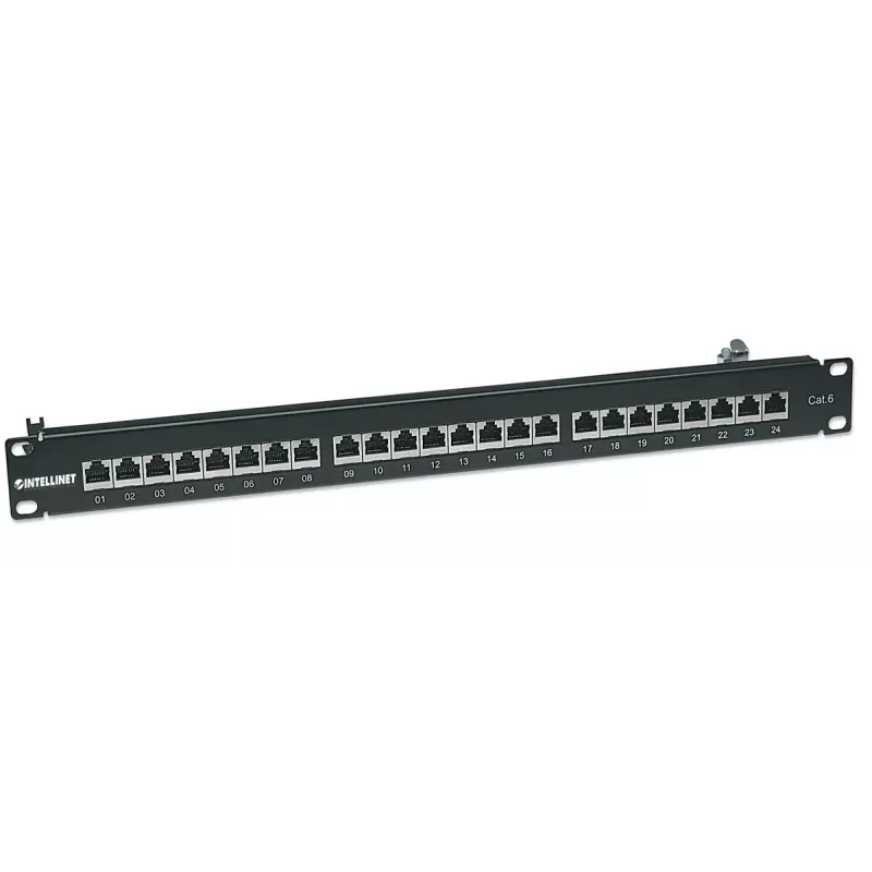 Panel de parcheo Intellinet, Cat6, FTP, 24 puertos, 1U, apantallado, regletas LSA 90° Top-Entry, negro