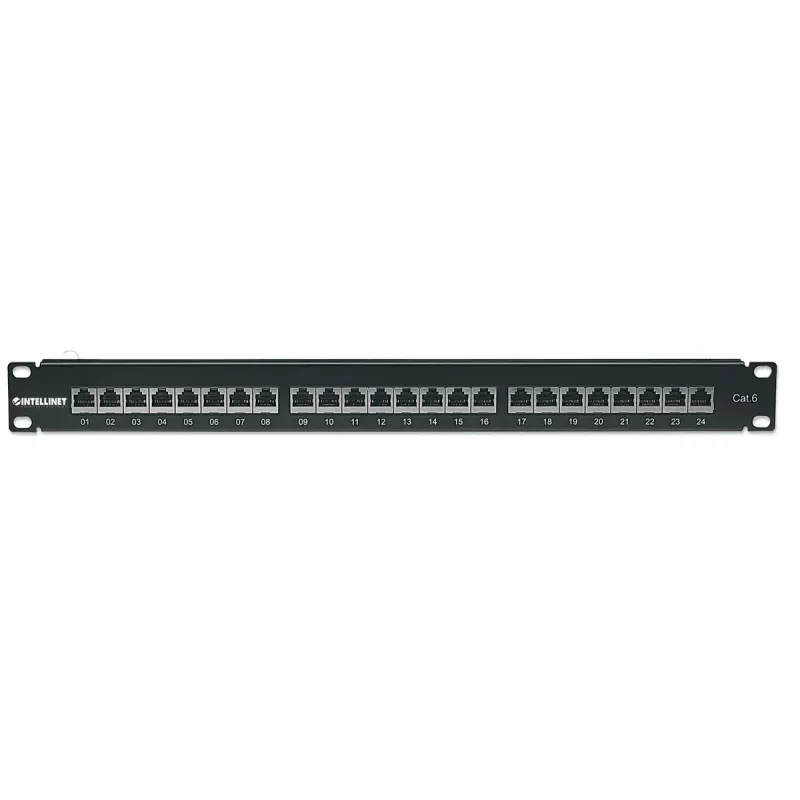 Panel de parcheo Intellinet, Cat6, FTP, 24 puertos, 1U, apantallado, regletas LSA 90° Top-Entry, negro