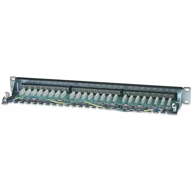 Panel de parcheo Intellinet, Cat6, FTP, 24 puertos, 1U, apantallado, regletas LSA 90° Top-Entry, negro