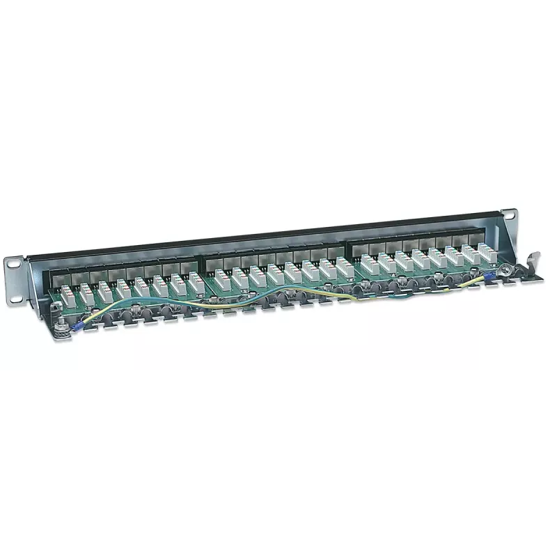 Panel de parcheo Intellinet, Cat6, FTP, 24 puertos, 1U, apantallado, regletas LSA 90° Top-Entry, negro