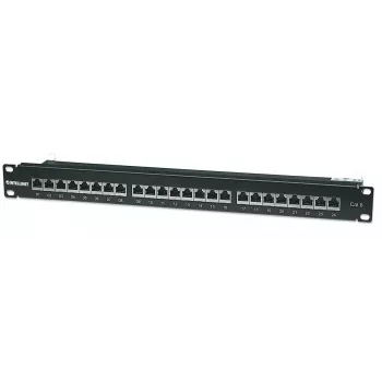 Panel de parcheo Intellinet, Cat6, FTP, 24 puertos, 1U, apantallado, regletas LSA 90° Top-Entry, negro