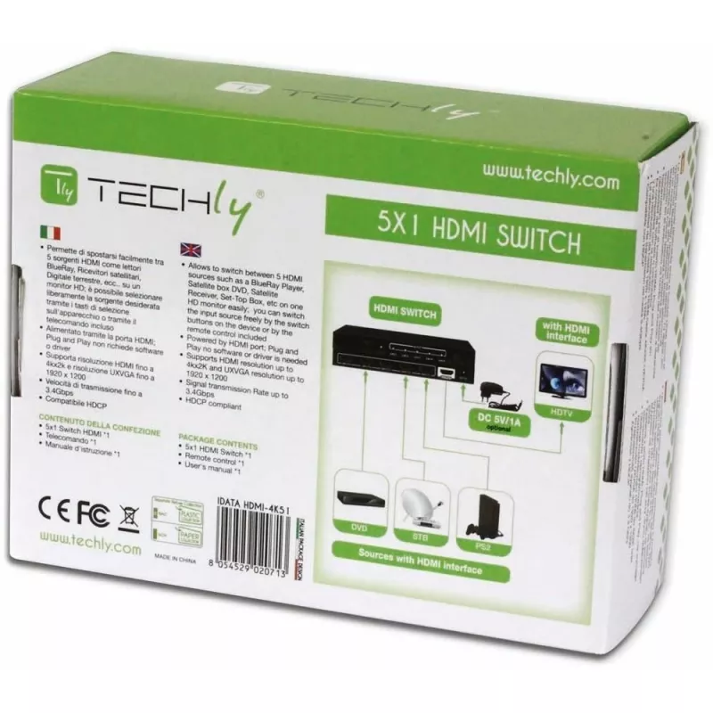 Switch HDMI Techly 5 IN 1 OUT con mando a distancia, 4Kx2K, 3D IDATA HDMI-4K51