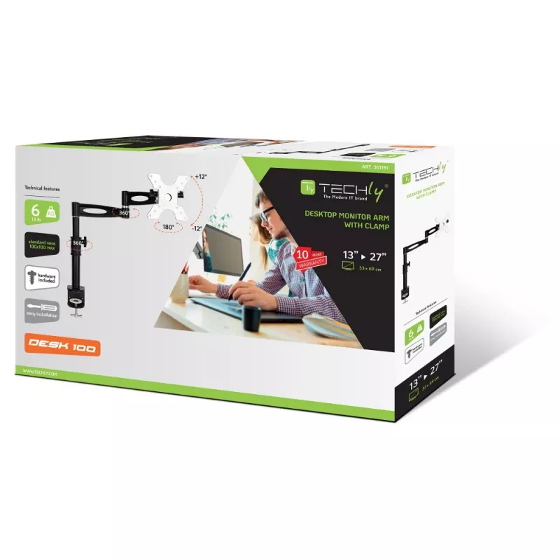 Soporte de mesa Techly 13-27 pulgadas para monitor brazo largo inclinable ICA-LCD 502BK